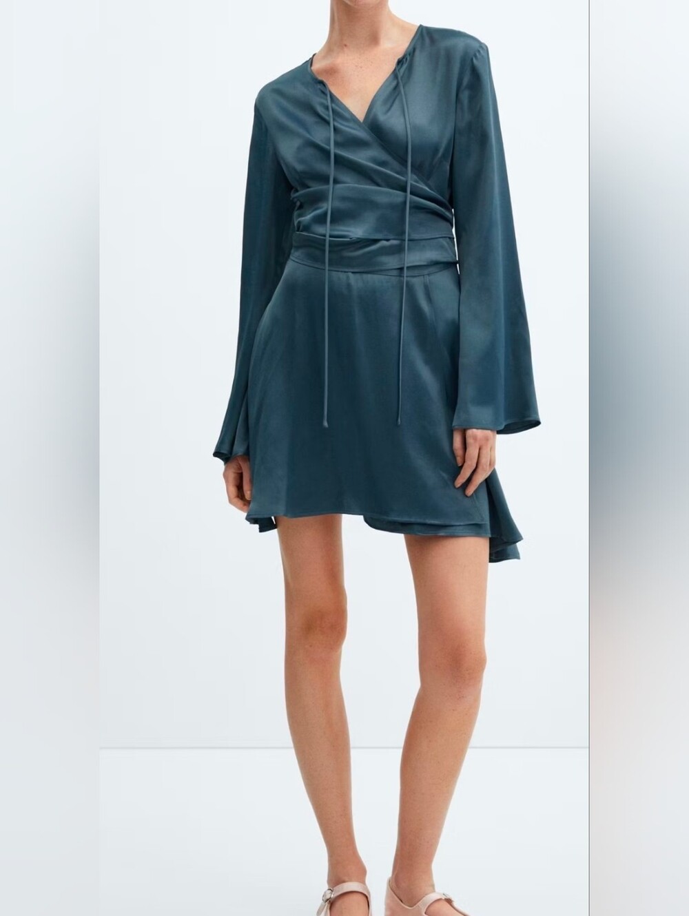 NWT - MANGO - Petrol Blue Wrapped satin dress - Size M